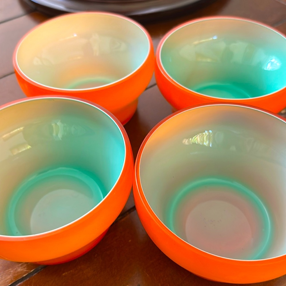 Four Gorgeous Teal and Orange Glass Bowls